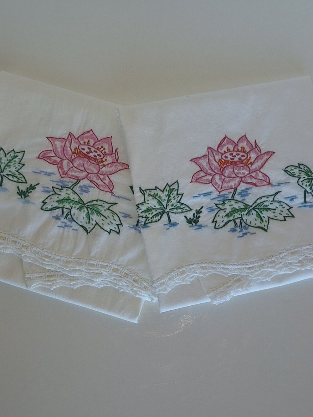 Vintage 2 Hand Embroidered Pilllowcases Pink Flowers
